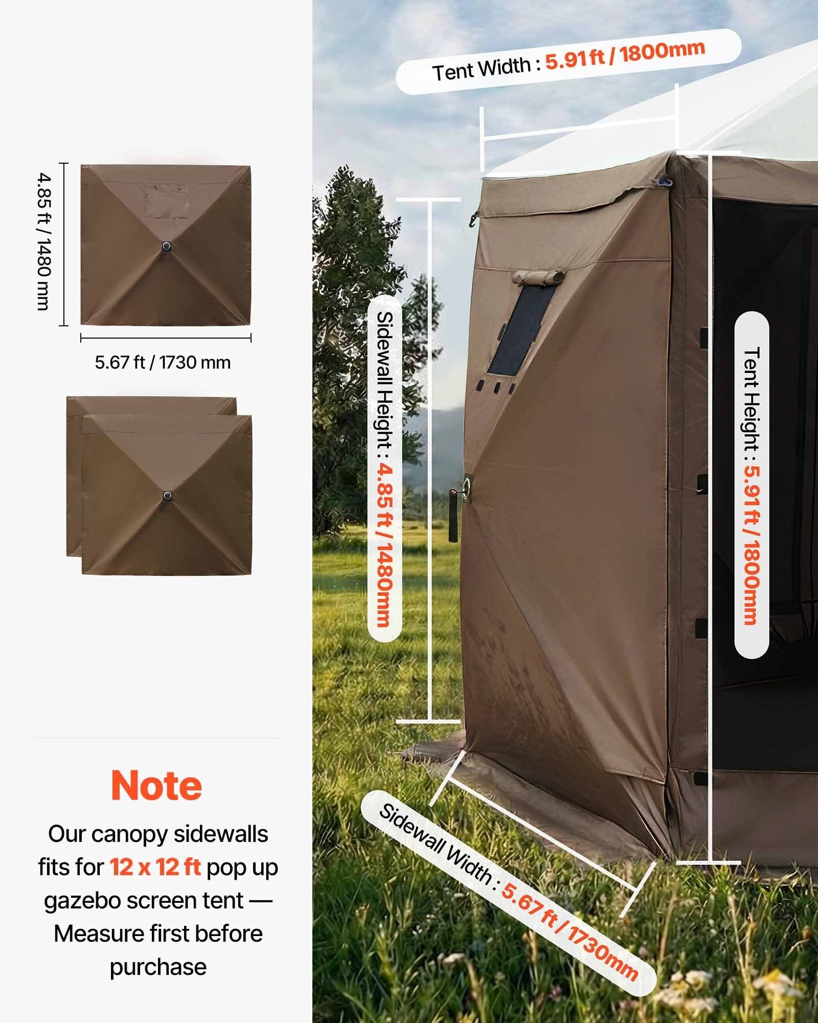 Canopy Sidewalls, 5.67 x 4.85 ft, Canopy Tent Walls with Waterproof and Sunlight Protection Layer, One-Sided Window Design, Fit for Outdoor Event Tents, Vendor Booths (3 Sidewalls Only, Brown)