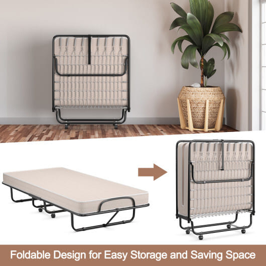 Rollaway Guest Bed with Sturdy Steel Frame and Memory Foam Mattress Made in Italy-Beige - Color: Beige