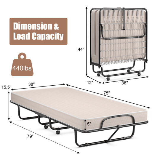 Rollaway Guest Bed with Sturdy Steel Frame and Memory Foam Mattress Made in Italy-Beige - Color: Beige