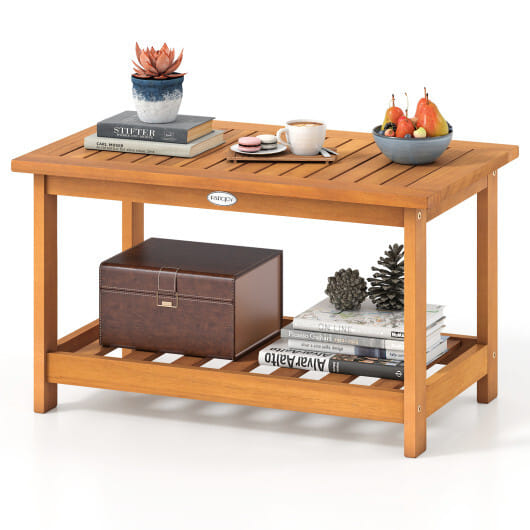 Patio Acacia Wood Coffee Table 2-Tier Rectangular Center Table - Color: Natural