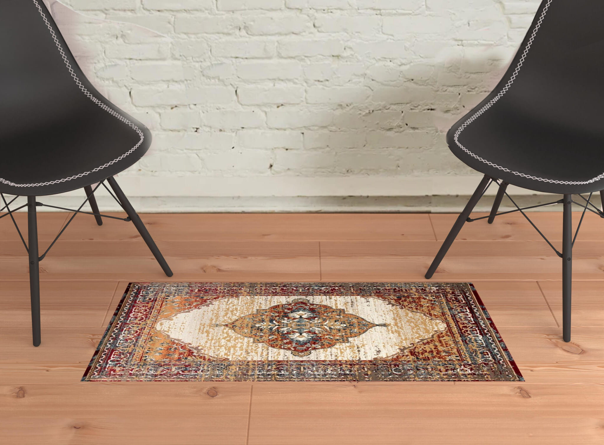 2' X 3' Ivory Red and Orange Medallion Power Loom Area Rug