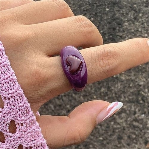 Candy Color Three-dimensional Heart Shape U.S. Fashion Simple Design Women Resin Ring - Purple