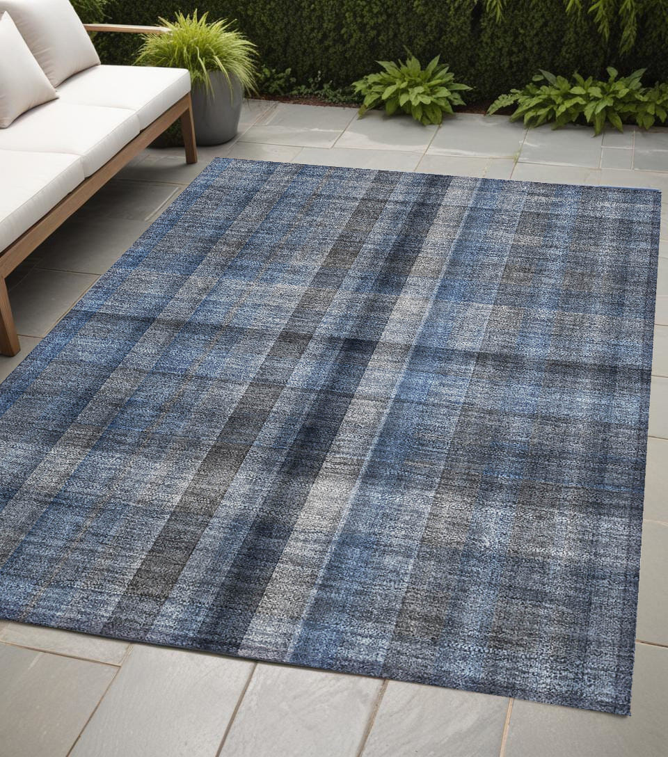 5' X 8' Blue Plaid Washable Non Skid Indoor Outdoor Area Rug