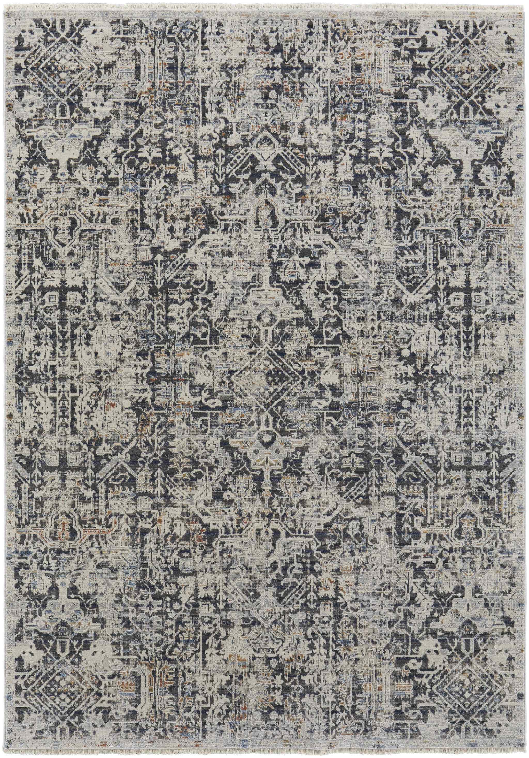 3' X 5' Ivory and Gray Abstract Power Loom Worn Faded Area Rug With Fringe