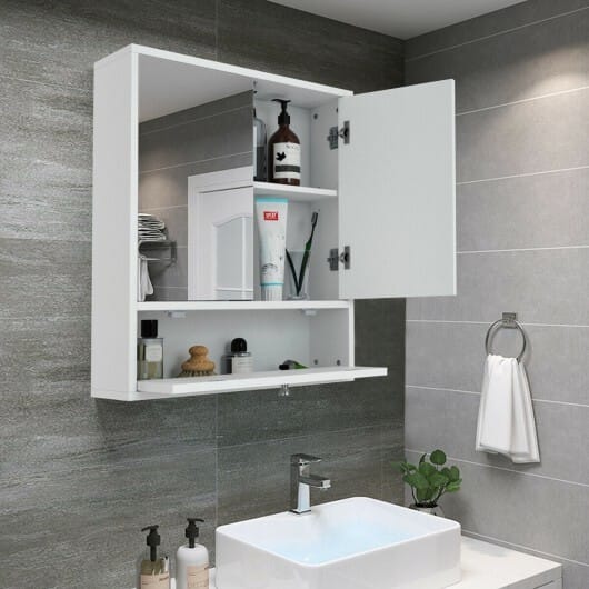 Double Door Wall-Mounted Bathroom Mirrored Medicine Cabinet-White - Color: White