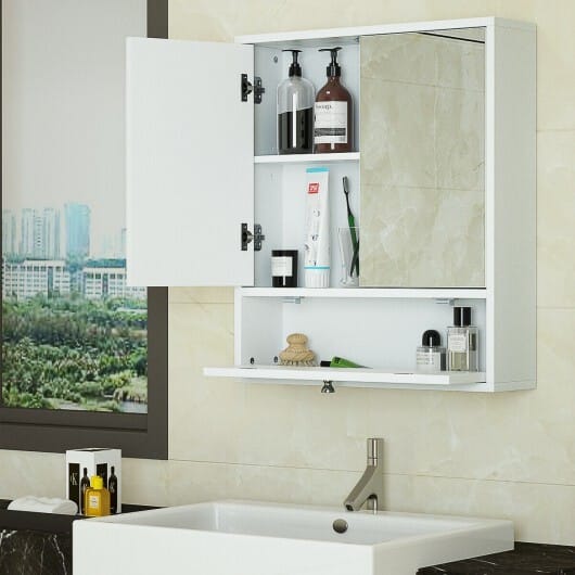 Double Door Wall-Mounted Bathroom Mirrored Medicine Cabinet-White - Color: White