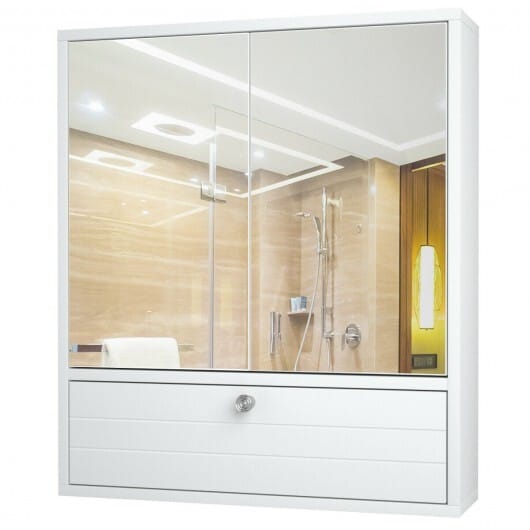 Double Door Wall-Mounted Bathroom Mirrored Medicine Cabinet-White - Color: White