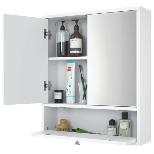 Double Door Wall-Mounted Bathroom Mirrored Medicine Cabinet-White - Color: White