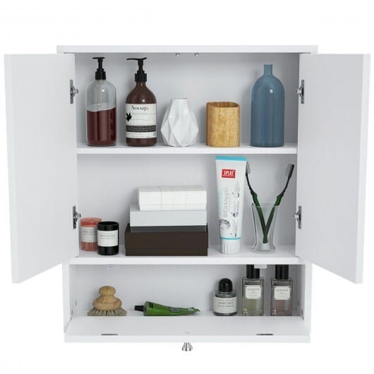 Double Door Wall-Mounted Bathroom Mirrored Medicine Cabinet-White - Color: White