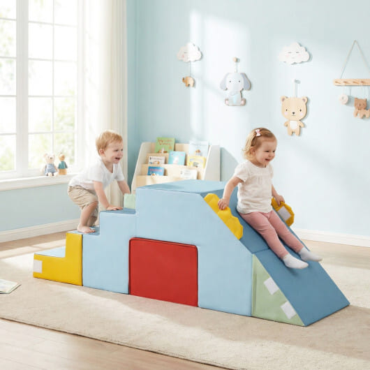 Kids Soft Foam Blocks with Velvet Covers Convertible Table and Chair Set-Blue - Color: Blue