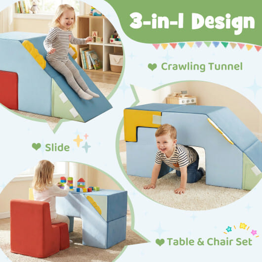 Kids Soft Foam Blocks with Velvet Covers Convertible Table and Chair Set-Blue - Color: Blue