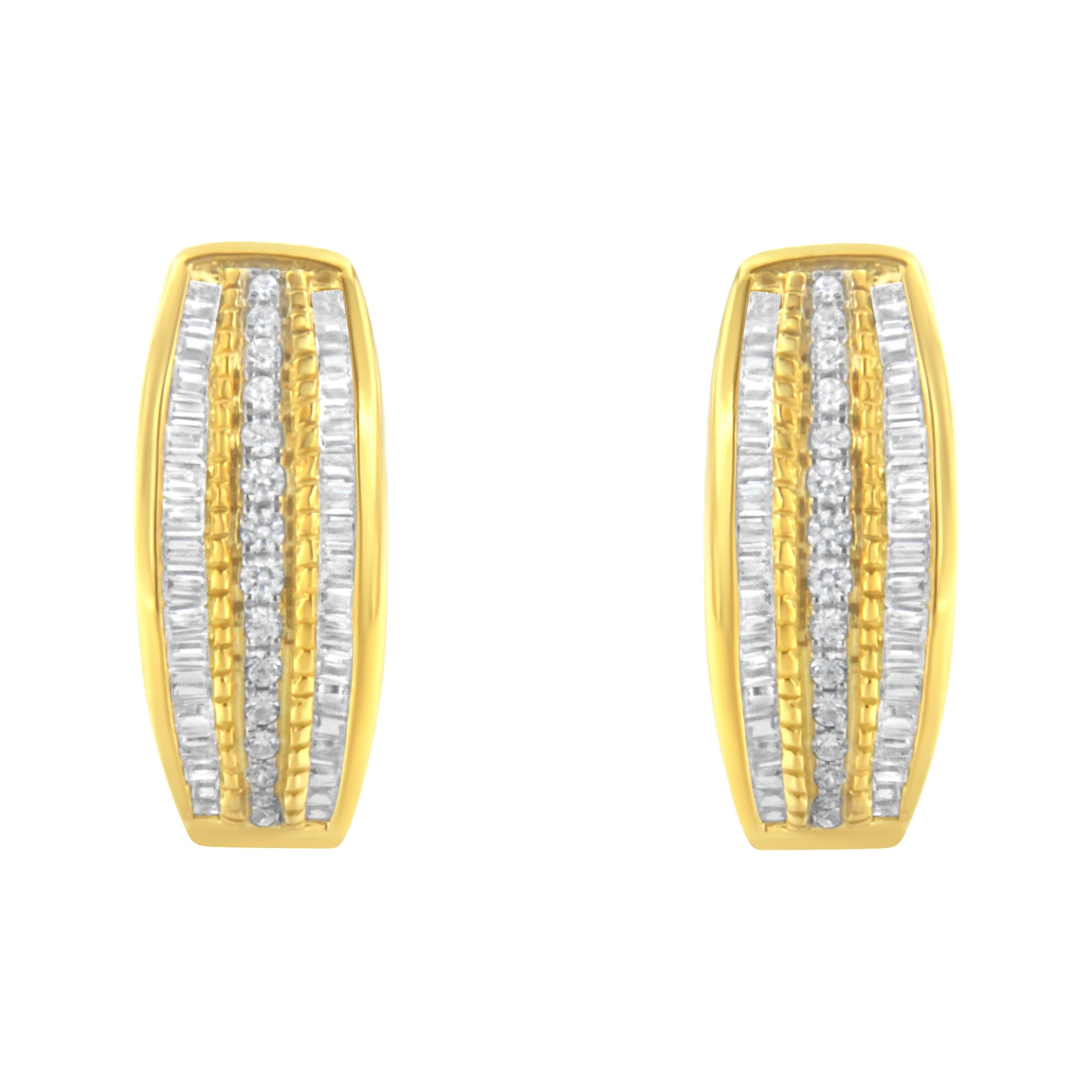 10K Yellow Gold 3/4 Cttw Pave and Channel Set Diamond Triple Row Modern Hoop Earrings (I-J Color, I2-I3 Clarity)