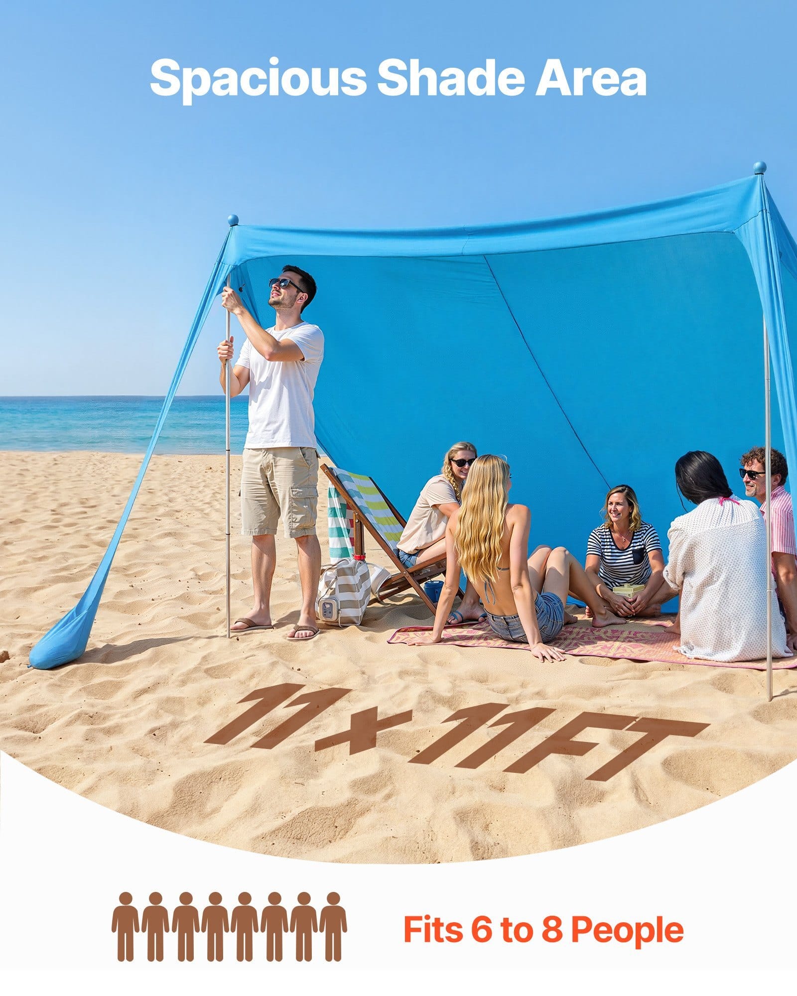 Beach Tent Sun Shelter, UPF50+ Sun Protection, 6.6 ft Tall, 11 x 11 ft, Easy Pop Up Beach Canopy with Sandbags, Stability Poles, Sand Shovels, Portable Shade for Family Outings, Camping, Fishing
