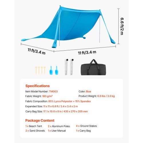 Beach Tent Sun Shelter, UPF50+ Sun Protection, 6.6 ft Tall, 11 x 11 ft, Easy Pop Up Beach Canopy with Sandbags, Stability Poles, Sand Shovels, Portable Shade for Family Outings, Camping, Fishing