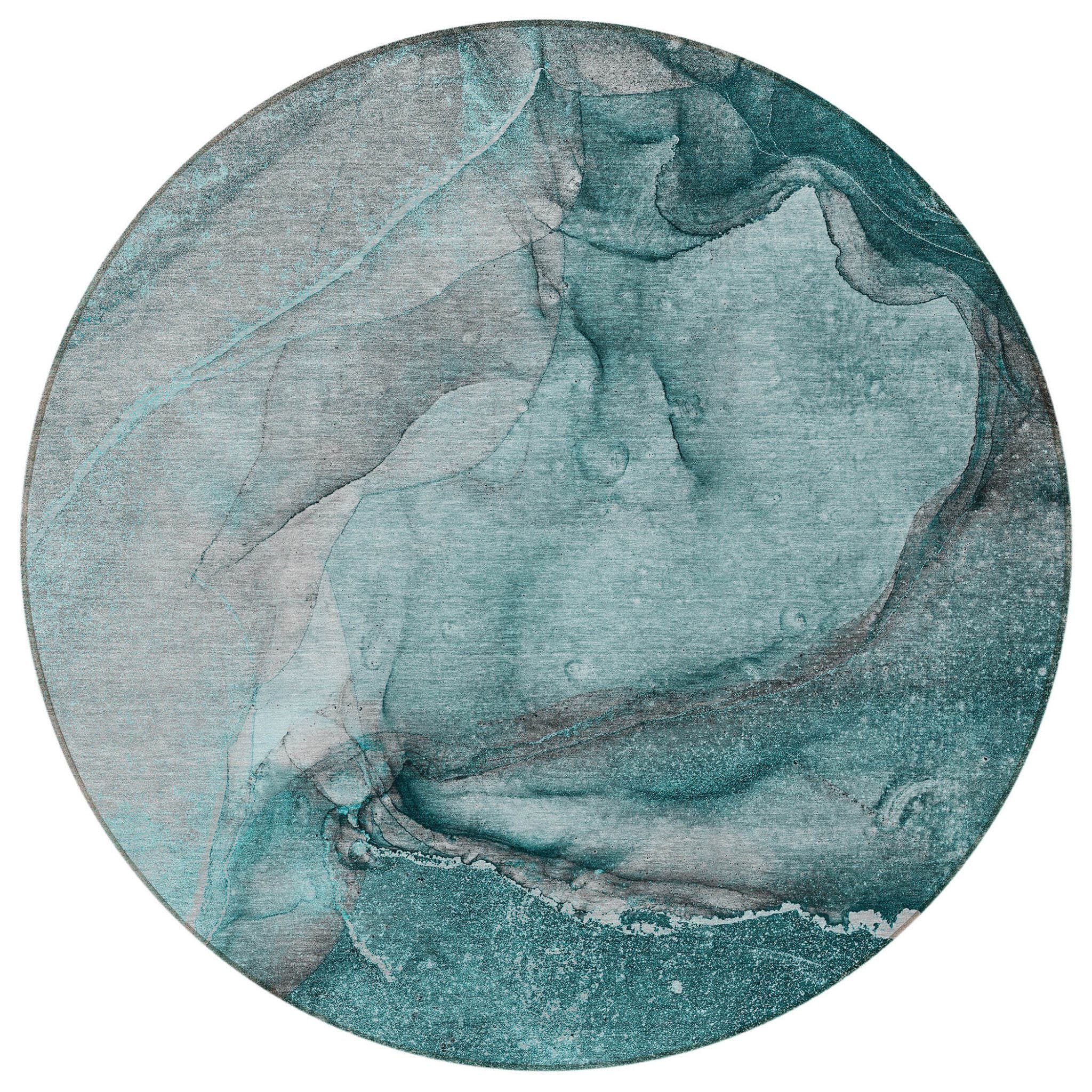 8' Round Teal Round Abstract Washable Non Skid Indoor Outdoor Area Rug