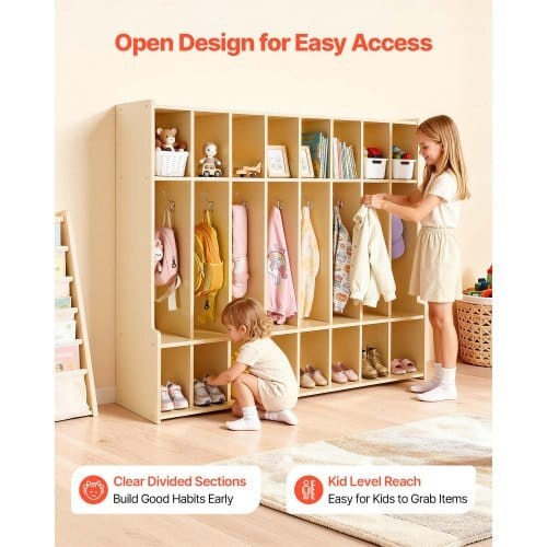 8-Section Kids Coat Locker, Wooden Toddler Cubby Storage Organizer with 16 Hooks & Anti-Tip Kit, Modern Kid Coat Cubbies with 16 Small Open Storage Boxes for Home, Kindergarten, Daycare, Natural