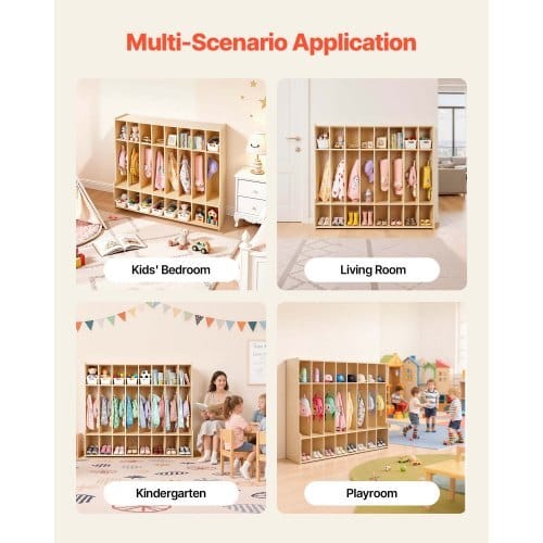 8-Section Kids Coat Locker, Wooden Toddler Cubby Storage Organizer with 16 Hooks & Anti-Tip Kit, Modern Kid Coat Cubbies with 16 Small Open Storage Boxes for Home, Kindergarten, Daycare, Natural