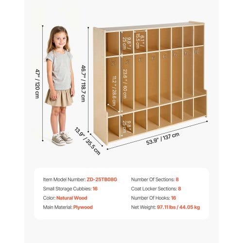 8-Section Kids Coat Locker, Wooden Toddler Cubby Storage Organizer with 16 Hooks & Anti-Tip Kit, Modern Kid Coat Cubbies with 16 Small Open Storage Boxes for Home, Kindergarten, Daycare, Natural