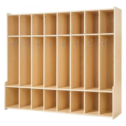 8-Section Kids Coat Locker, Wooden Toddler Cubby Storage Organizer with 16 Hooks & Anti-Tip Kit, Modern Kid Coat Cubbies with 16 Small Open Storage Boxes for Home, Kindergarten, Daycare, Natural
