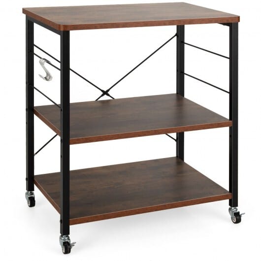 3-Tier Kitchen Baker's Rack Microwave Oven Storage Cart with Hooks-Rustic Brown - Color: Rustic Brown