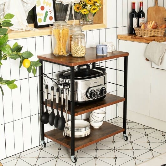 3-Tier Kitchen Baker's Rack Microwave Oven Storage Cart with Hooks-Rustic Brown - Color: Rustic Brown