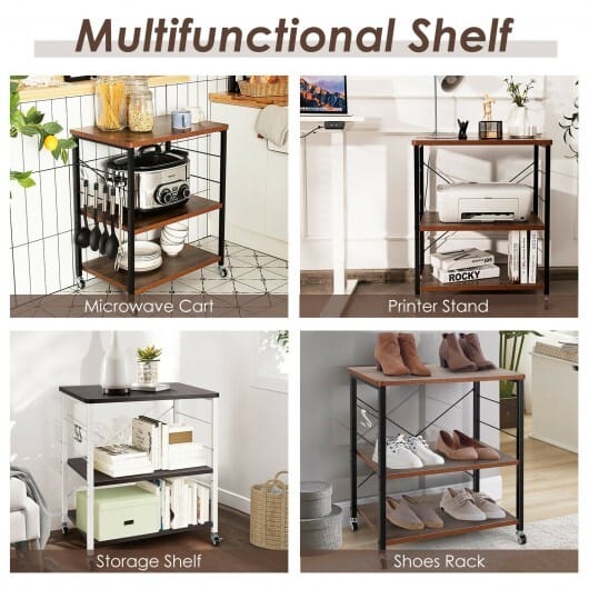 3-Tier Kitchen Baker's Rack Microwave Oven Storage Cart with Hooks-Rustic Brown - Color: Rustic Brown