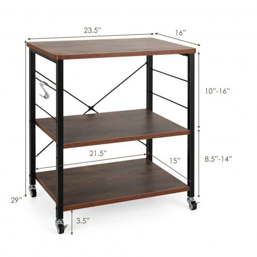 3-Tier Kitchen Baker's Rack Microwave Oven Storage Cart with Hooks-Rustic Brown - Color: Rustic Brown