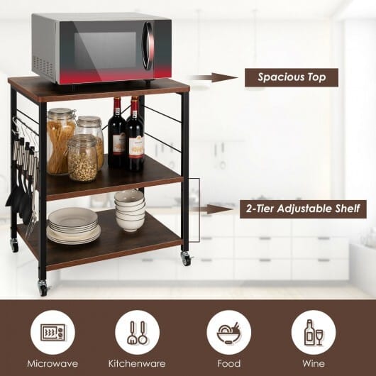 3-Tier Kitchen Baker's Rack Microwave Oven Storage Cart with Hooks-Rustic Brown - Color: Rustic Brown