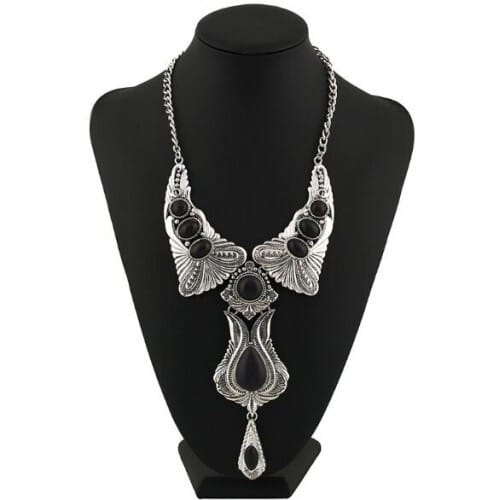 Artificial Turquoise Inlaid Vintage Waterdrop Design Folk Fashion Women Costume Necklace - Black