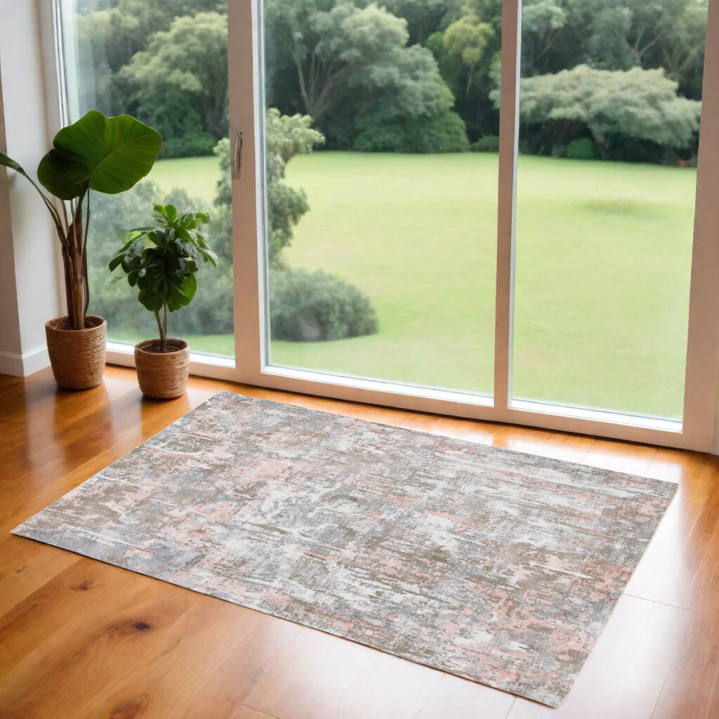 2' X 3' Gray and Pink Abstract Hand Loomed Area Rug
