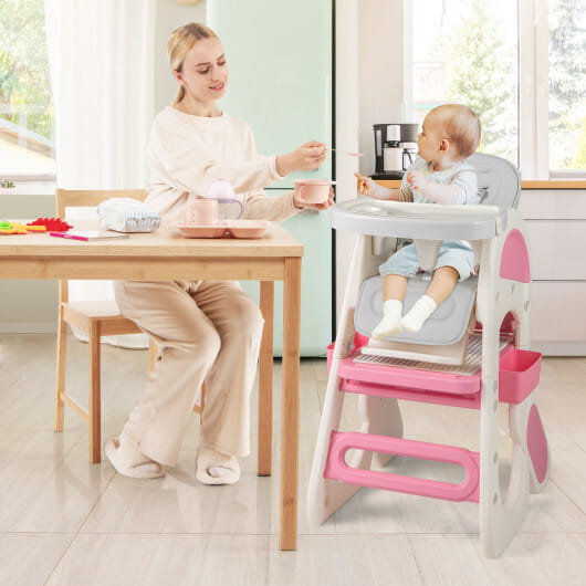 Convertible Baby High Chair with Double-layer Tray and Adjustable Backrest-Pink - Color: Pink