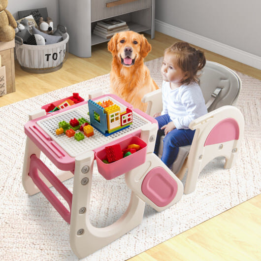 Convertible Baby High Chair with Double-layer Tray and Adjustable Backrest-Pink - Color: Pink