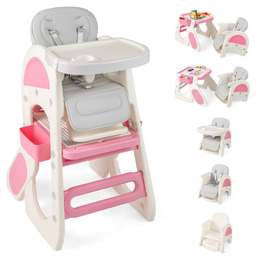 Convertible Baby High Chair with Double-layer Tray and Adjustable Backrest-Pink - Color: Pink
