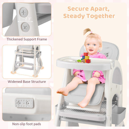 Convertible Baby High Chair with Double-layer Tray and Adjustable Backrest-Pink - Color: Pink