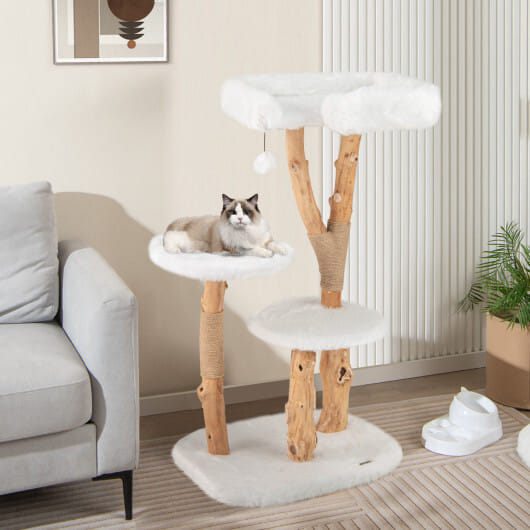 44 Inch Solid Wood Cat Tree with Perch and Natural Jute Scratching Posts-White