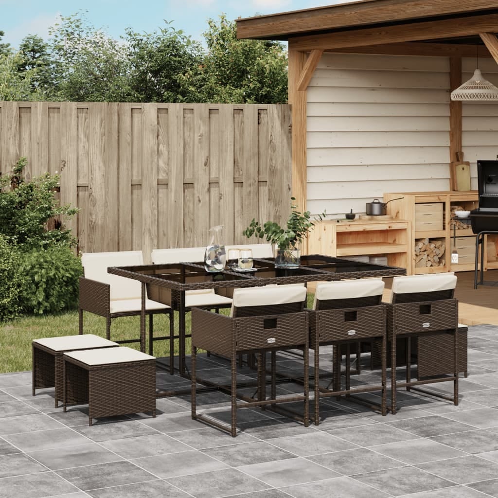 11 Piece Patio Dining Set with Cushions Brown Poly Rattan