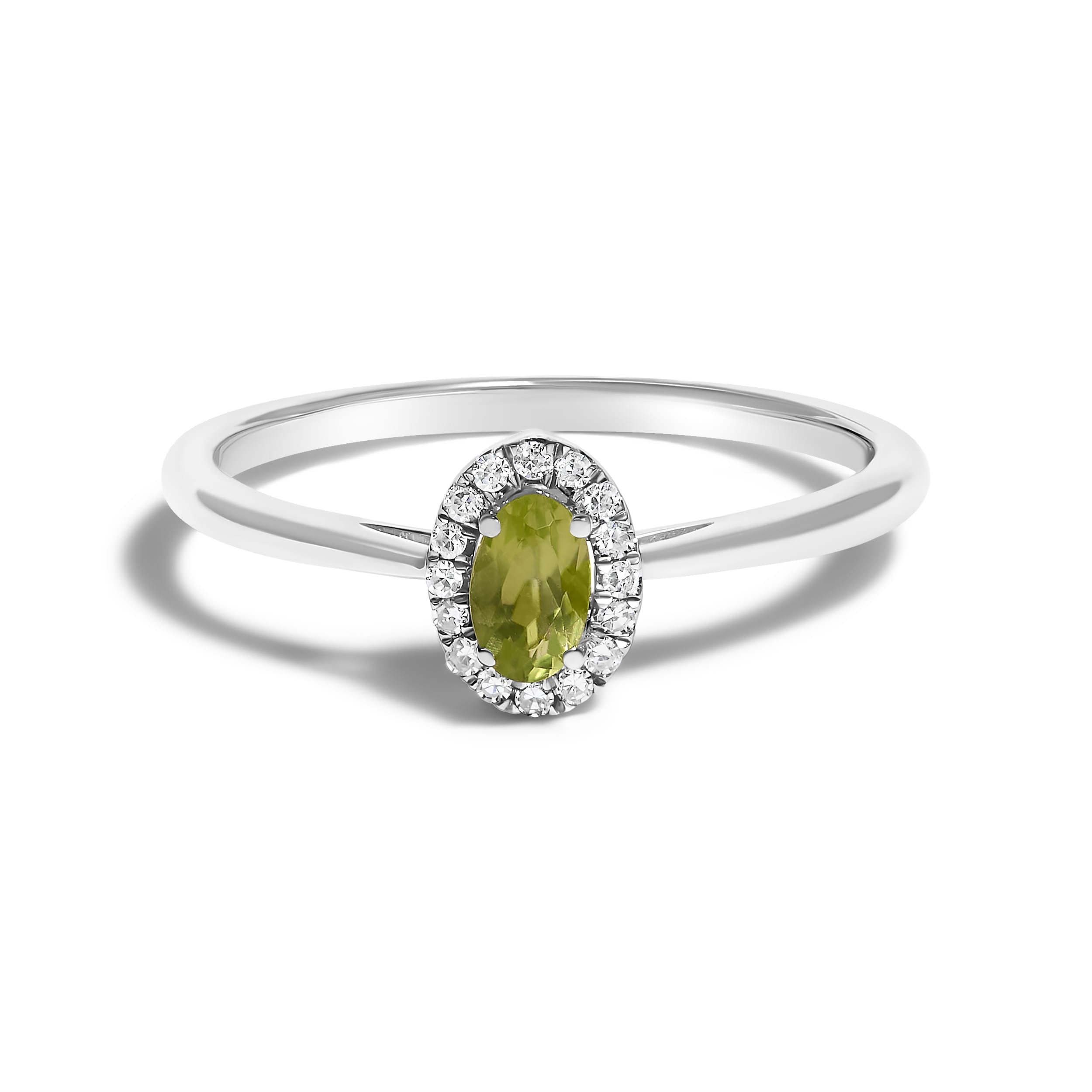 10K White Gold 5X3MM Oval Green Peridot and Diamond Accent Halo Ring (I-J Color, I1-I2 Clarity) - Ring Size 7