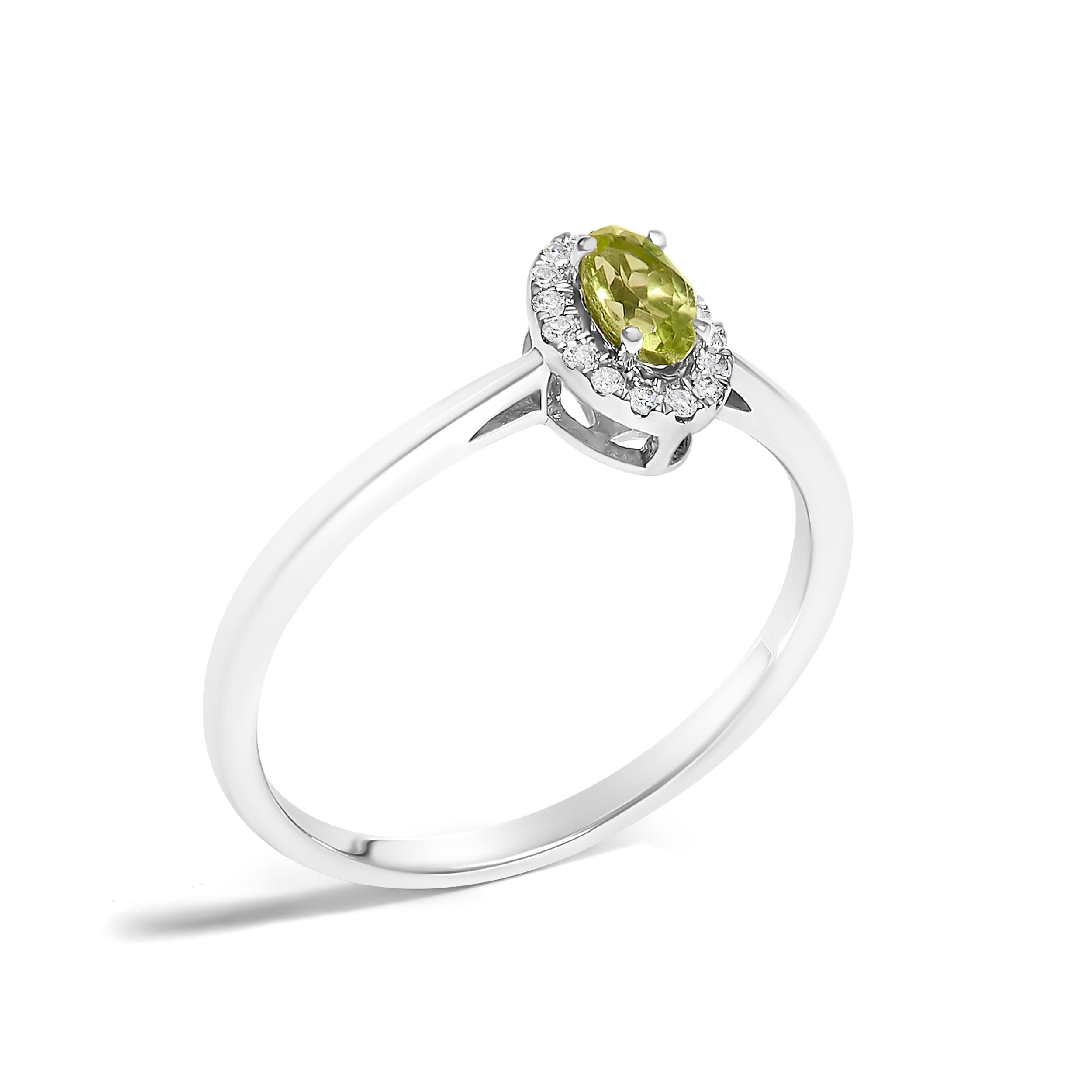 10K White Gold 5X3MM Oval Green Peridot and Diamond Accent Halo Ring (I-J Color, I1-I2 Clarity) - Ring Size 7
