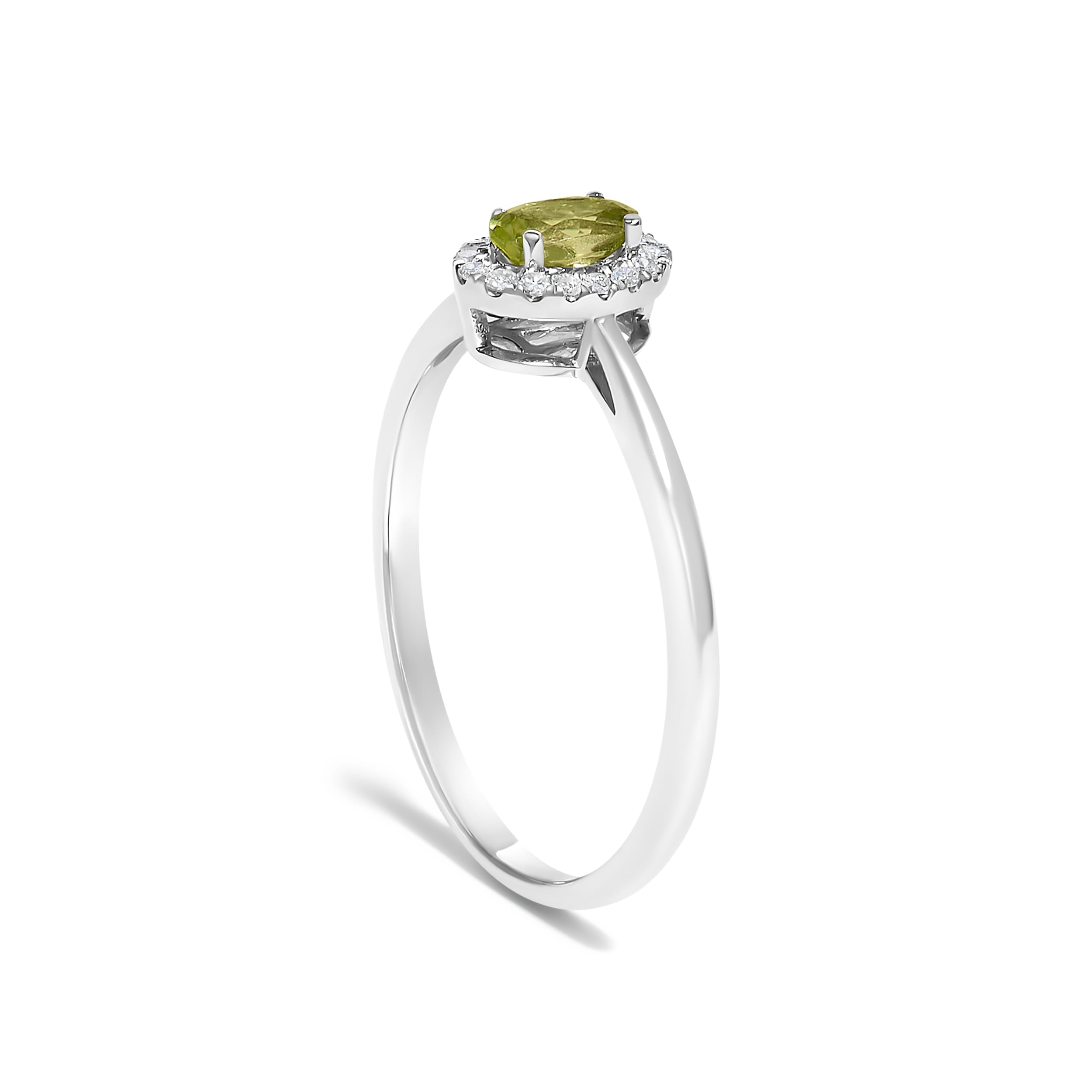 10K White Gold 5X3MM Oval Green Peridot and Diamond Accent Halo Ring (I-J Color, I1-I2 Clarity) - Ring Size 7