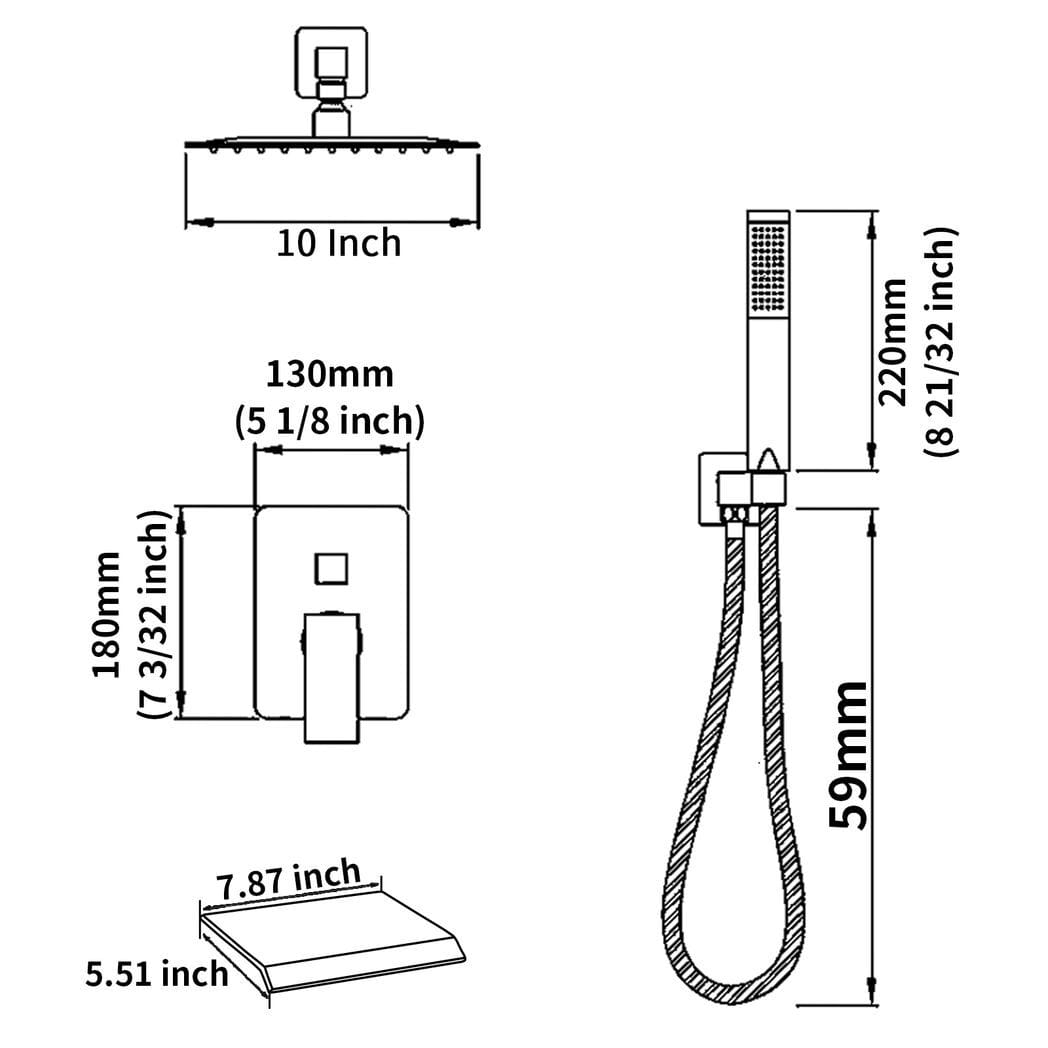 Rain Mixer Shower Faucet Set with Waterfall Tub Spout 10 inch Square Rainfall Shower Head with Handheld Spray Matte Black Wall Mounted Pressure Balance Rough-in Valve and Trim Included