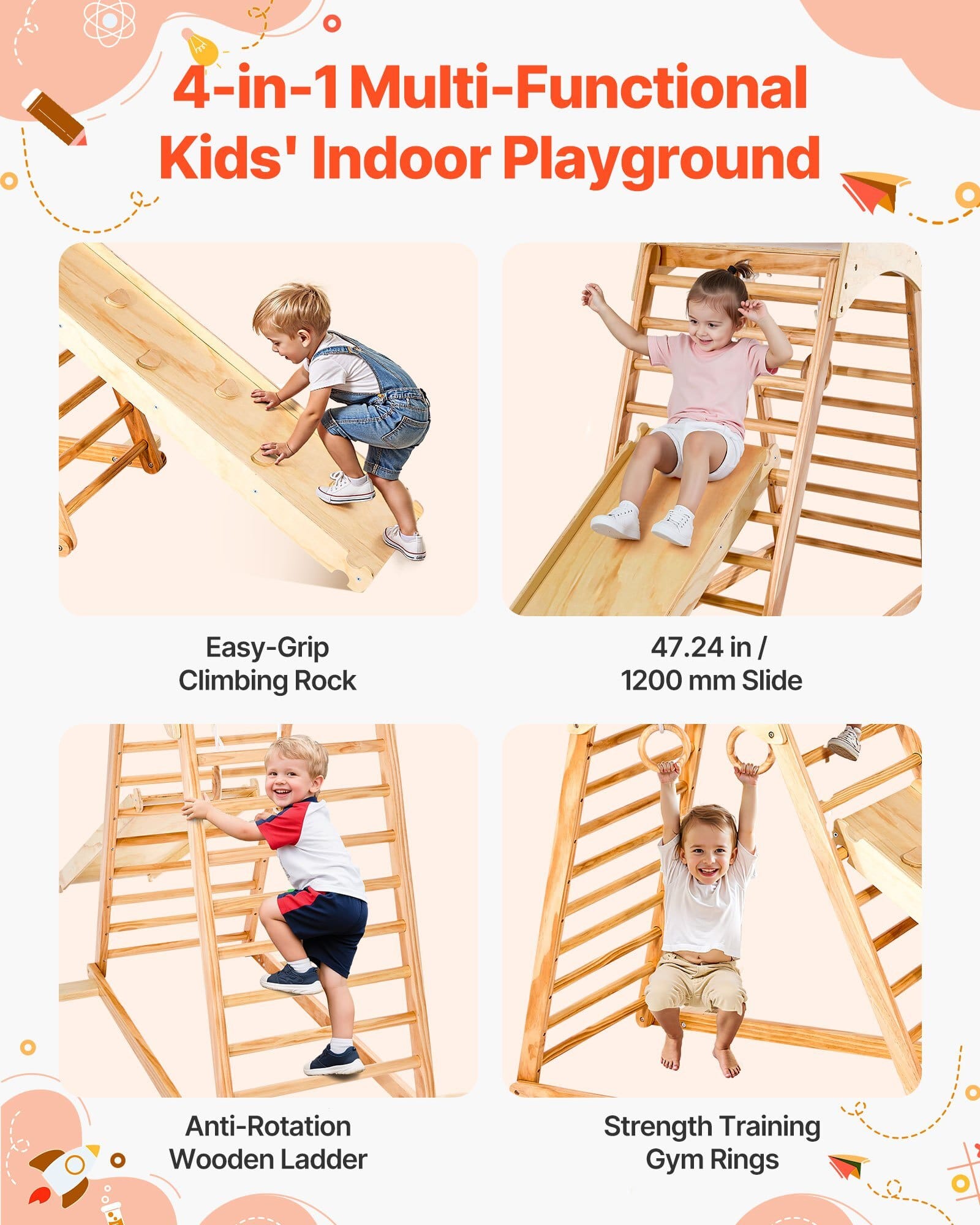 Indoor Playground Jungle Gym, 4-in-1 Wooden Indoor Playground Climbing Toys for Kids, Montessori Toddlers Climber Playset with Climbing Rock, Slide, Wooden Ladder & Gym Rings, 220LBS Loading