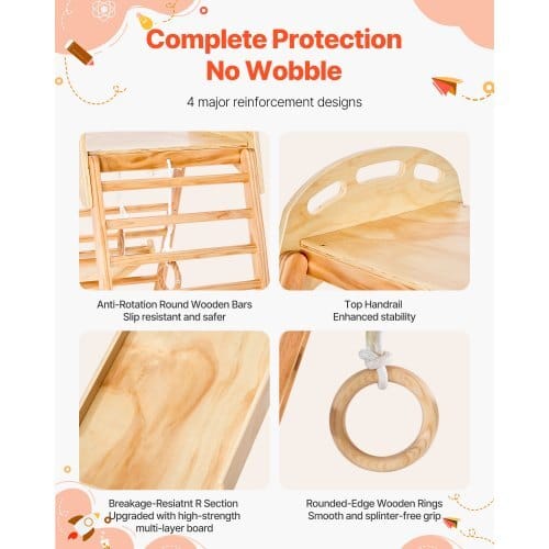 Indoor Playground Jungle Gym, 4-in-1 Wooden Indoor Playground Climbing Toys for Kids, Montessori Toddlers Climber Playset with Climbing Rock, Slide, Wooden Ladder & Gym Rings, 220LBS Loading
