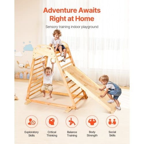 Indoor Playground Jungle Gym, 4-in-1 Wooden Indoor Playground Climbing Toys for Kids, Montessori Toddlers Climber Playset with Climbing Rock, Slide, Wooden Ladder & Gym Rings, 220LBS Loading