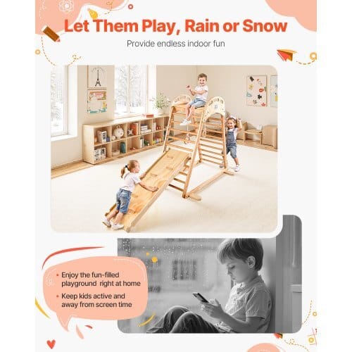 Indoor Playground Jungle Gym, 4-in-1 Wooden Indoor Playground Climbing Toys for Kids, Montessori Toddlers Climber Playset with Climbing Rock, Slide, Wooden Ladder & Gym Rings, 220LBS Loading
