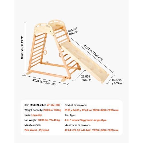 Indoor Playground Jungle Gym, 4-in-1 Wooden Indoor Playground Climbing Toys for Kids, Montessori Toddlers Climber Playset with Climbing Rock, Slide, Wooden Ladder & Gym Rings, 220LBS Loading