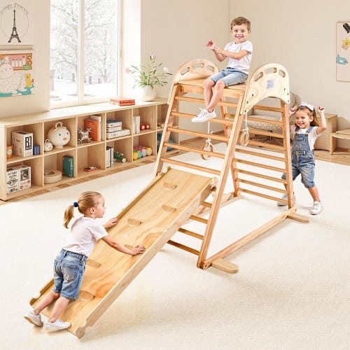 Indoor Playground Jungle Gym, 4-in-1 Wooden Indoor Playground Climbing Toys for Kids, Montessori Toddlers Climber Playset with Climbing Rock, Slide, Wooden Ladder & Gym Rings, 220LBS Loading
