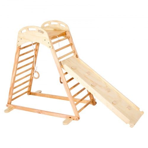 Indoor Playground Jungle Gym, 4-in-1 Wooden Indoor Playground Climbing Toys for Kids, Montessori Toddlers Climber Playset with Climbing Rock, Slide, Wooden Ladder & Gym Rings, 220LBS Loading