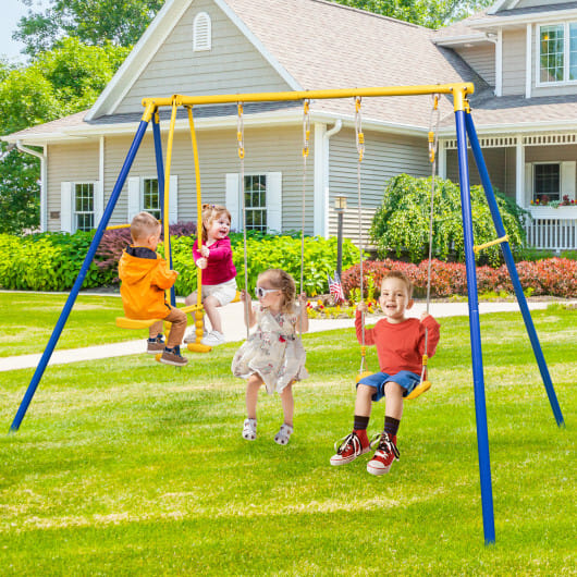 Metal Swing Set for Backyard with 2 Swing Seats and 2 Glider Seats-Blue - Color: Blue