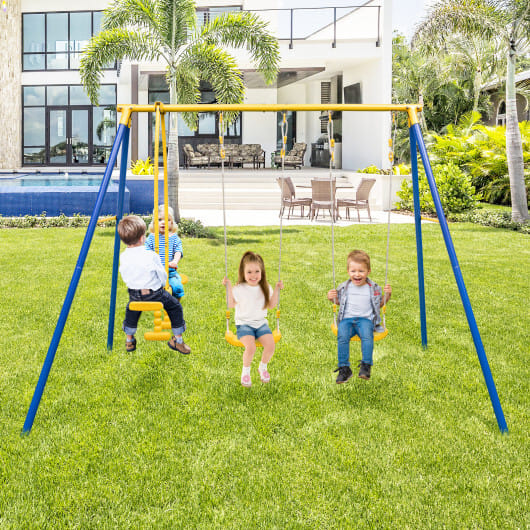 Metal Swing Set for Backyard with 2 Swing Seats and 2 Glider Seats-Blue - Color: Blue