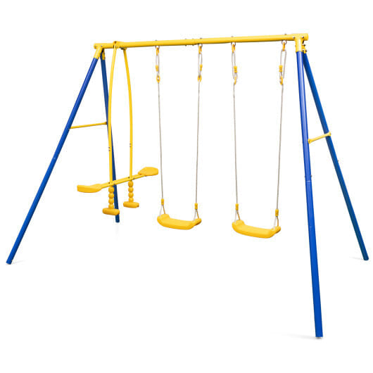 Metal Swing Set for Backyard with 2 Swing Seats and 2 Glider Seats-Blue - Color: Blue